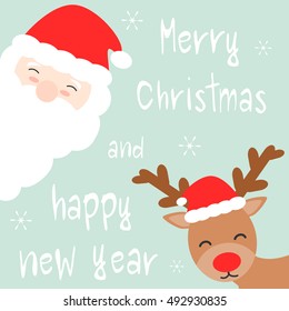 cute cartoon hand drawn merry christmas and happy new year vector card with santa claus and reindeer