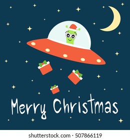 cute cartoon hand drawn merry christmas lettering greeting card with alien on his spaceship bringing gift box vector funny holiday illustration