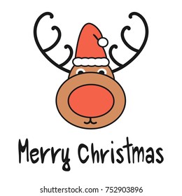 cute cartoon hand drawn merry christmas vector greeting card with reindeer with santa's hat