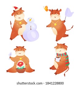 Cute cartoon hand drawn ox, bull or cow four seasons winter,spring,summer,autumn.isolated on white background. Make snowman,catch butterfly, gardening and drink tea. Chinese new year 2021 symbol.