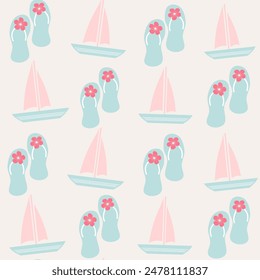 cute cartoon hand drawn pastel blue flip flop seamless vector pattern background illustration with boats	