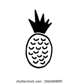 Cute cartoon hand drawn pineapple drawing. Sweet vector black and white pineapple drawing. Isolated monochrome doodle pineapple drawing on white background.