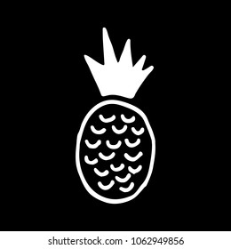 Cute cartoon hand drawn pineapple illustration. Sweet vector black and white pineapple illustration. Isolated monochrome doodle pineapple illustration on black background.