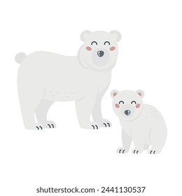 Cute cartoon hand drawn polar bear and baby bear on isolated white background. Character of the arctic animals for the logo, print, design.