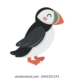 Cute cartoon hand drawn puffin on isolated white background. Character of the arctic, tundra, forest animals for the logo, mascot, design.