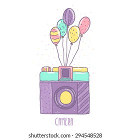 cute cartoon hand drawn retro photo camera with funny air balloons