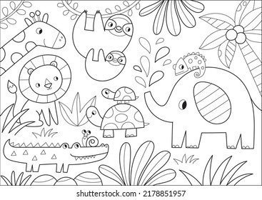Cute cartoon hand drawn safari animals. Coloring page - african animals lion, elephant, sloth, turtle, giraffe, crocodile, chameleon. Activity coloring poster for children svg