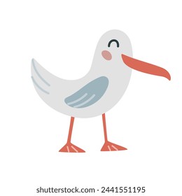 Cute cartoon hand drawn seagull on isolated white background. Character of the sea, arctic bird for the logo, mascot, design.