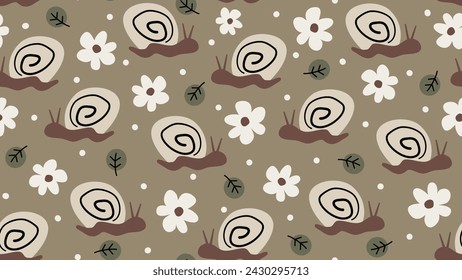 Cute cartoon hand drawn seamless vector pattern illustration with snail, daisy flowers and leaves on green background