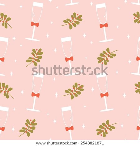 cute cartoon hand drawn seamless vector holidays pattern illustration in flat style design with glasses with champagne, mistletoe with red berries and stars on pink background