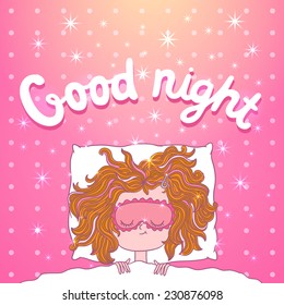 cute cartoon hand drawn sleeping girl - Good Night postcard background.