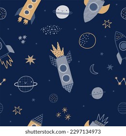 Cute cartoon hand drawn Space Explorer - vector seamless pattern in doodle style. Universe, stars, planet and rocket.