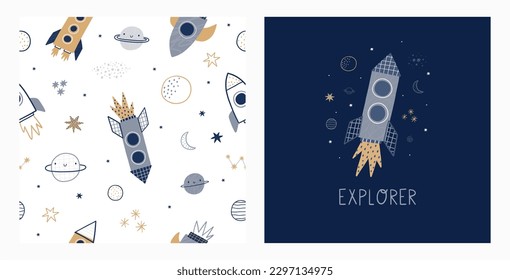 Cute cartoon hand drawn Space Explorer - vector seamless pattern in doodle style. Universe, stars, planet and rocket.