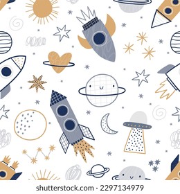 Cute cartoon hand drawn Space Explorer - vector seamless pattern in doodle style. Universe, stars, planet and rocket.