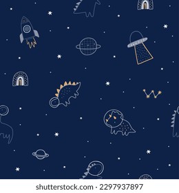 Cute cartoon hand drawn Space Explorer - vector seamless pattern in doodle style. Universe, stars, planet and rocket. Dinosaur in space