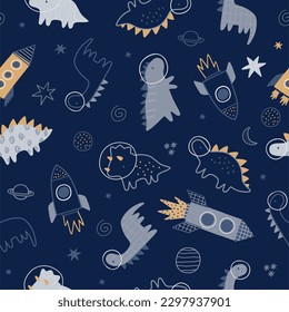 Cute cartoon hand drawn Space Explorer - vector seamless pattern in doodle style. Universe, stars, planet and rocket. Dinosaur in space