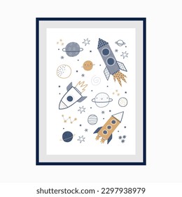 Cute cartoon hand drawn Space Explorer - vector print in doodle style. Universe, stars, planet and rocket. Awesome poster or card design