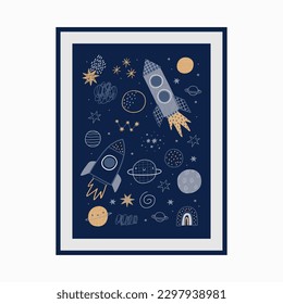 Cute cartoon hand drawn Space Explorer - vector print in doodle style. Universe, stars, planet and rocket. Awesome poster or card design