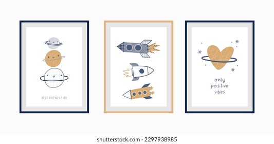 Cute cartoon hand drawn Space Explorer - vector print in doodle style. Universe, stars, planet and rocket. Awesome poster or card design
