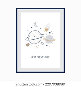 Explorador de espacio dibujado a mano con dibujos animados - impresión vectorial en estilo doodle. Universo, estrellas, planeta y cohete. Impresionante diseño de afiches o tarjetas