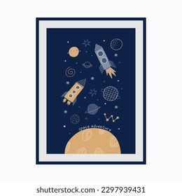 Cute cartoon hand drawn Space Explorer - vector print in doodle style. Universe, stars, planet and rocket. Awesome poster or card design