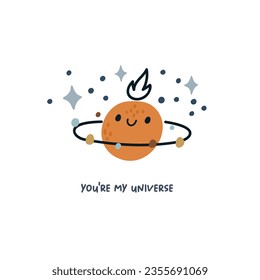 Cute cartoon hand drawn space Planet. Universe, stars, planet  childish print. Space illustration isolated white background.  Adventure baby print
