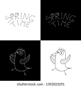 Cute cartoon hand drawn spring time bird card set with lettering. Funny vector black and white spring time bird card set. 