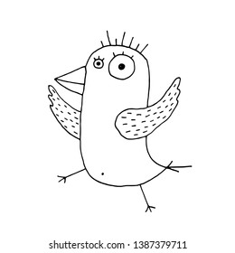 Cute cartoon hand drawn summer bird illustration with happy dancing bird. Funny vector black and white summer bird illustration. Isolated monochrome summer bird illustration on white background.