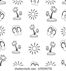 Cute cartoon hand drawn summer background of palm, sunglasses and Flip flops isolated on the white background. Doodle travel holiday illustration. Black and white style