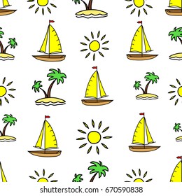 Cute cartoon hand drawn summer background of palm, sun and sail isolated on the white background. Doodle travel holiday illustration. 