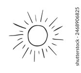 Cute cartoon hand drawn sun drawing. Sweet vector black and white sun drawing. Isolated monochrome doodle sun drawing on white background.