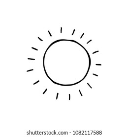 Cute cartoon hand drawn sun drawing. Sweet vector black and white sun drawing. Isolated monochrome doodle sun drawing on white background.