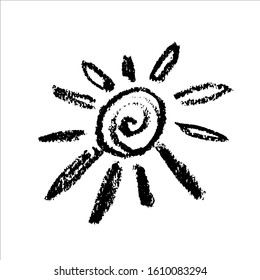 Cute cartoon hand drawn sun drawing. Sweet vector black and white sun drawing. Isolated monochrome doodle sun drawing on white background.