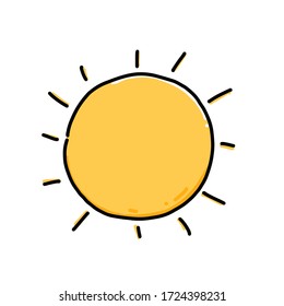 Cute cartoon hand drawn sun drawing. Sweet cartoon doodle hand drawing. Isolated doodle sun drawing on white background.