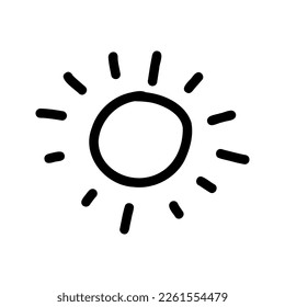 Cute Cartoon handgezeichnet Sonnenzeichnung. Süße Vektorgrafik, Schwarz-Weiß-Sonnenzeichnung. Einzige, einfarbige, doodle Sonne, die auf weißem Hintergrund zeichnet.