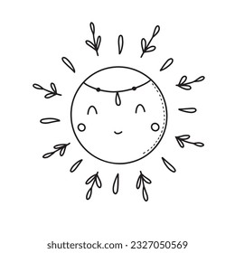 Cute cartoon hand drawn sun drawing. Sweet vector black and white sun drawing. Isolated monochrome doodle sun drawing on white background.