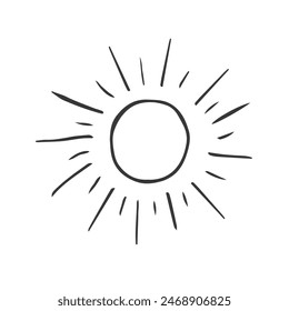 Cute cartoon hand drawn sun drawing. Sweet vector black and white sun drawing. Isolated monochrome doodle sun drawing on white background.