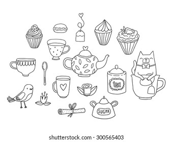 Cute cartoon hand drawn tea party illustration. Adorable cat in the cup, little bird, mugs, cupcake, macaroon and muffin. Doodle vector food and animal clip art.