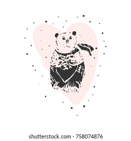 Cute Cartoon Hand Drawn teddy bear with pink heart shape isolated on white background. Vector illustration for postcards, greeting cards, Valentine's day, invitations, nursery design, apparel print