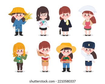 Cute cartoon hand drawn thai job character set. Thai teacher, farmer,doctor,lawyer,air force, engineer,soldier and government uniform character. People in government job character.