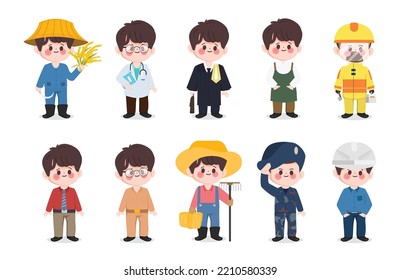 Cute cartoon hand drawn thai job character set. Thai teacher, farmer,doctor,lawyer,air force, engineer,soldier and government uniform character. People in government job character.