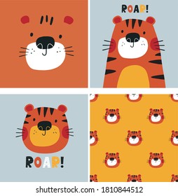 Tigre dibujado a mano con dibujos animados para el diseño para niños. Leyenda con correa