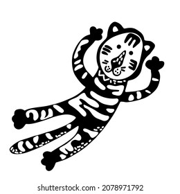 Cute cartoon hand drawn tiger for the design in scandinavian style. Black and white. Perfect for childish print, t-shirt, apparel, cards, poster, nursery decoration. Vector Illustration