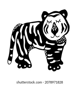 Cute cartoon hand drawn tiger for the design in scandinavian style. Black and white. Perfect for childish print, t-shirt, apparel, cards, poster, nursery decoration. Vector Illustration