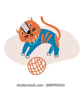 Cute cartoon hand drawn tiger for the design in cartoon style. Perfect for childish print, t-shirt, apparel, cards, poster, nursery decoration. Vector Illustration	