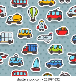 Cute cartoon hand drawn transport seamless pattern -  emergency, double decker bus, yellow taxi, truck, airplane, tram, trolleybus, rocket, balloon, helicopter, boat, jeep, bycycle, minivan