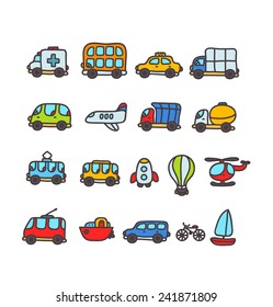 Cute cartoon hand drawn transport icon set with emergency, bus, yellow taxi, truck, airplane, tram, trolleybus, balloon, helicopter, boat, jeep, minivan, concrete mixer.