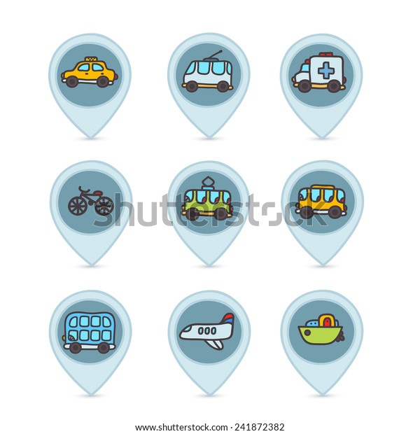 Cute\
cartoon hand drawn transport icon set with emergency, bus, yellow\
taxi, airplane, tram, trolleybus, boat,\
minivan.