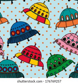 Cute cartoon hand drawn UFO seamless pattern