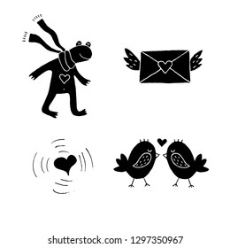 Cute cartoon hand drawn valentine day icon set. Sweet vector black and white valentine day icon set. Isolated monochrome doodle valentine day icon set.